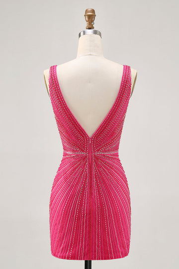 Fuchsia V-Neck Beaded Tight Homecoming Dress